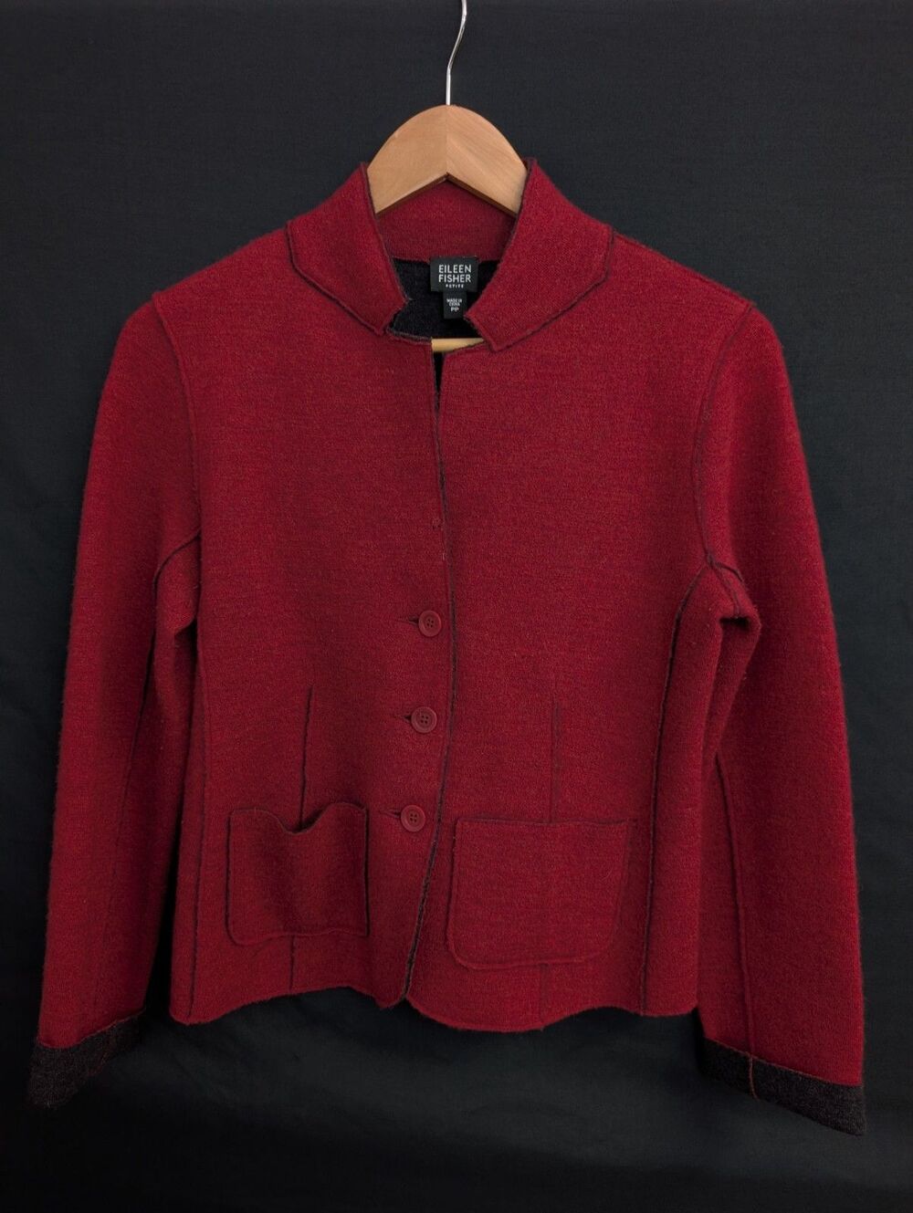 Eileen Fisher Womens Petite 100% Merino Wool Jacket Cardigan Red Black